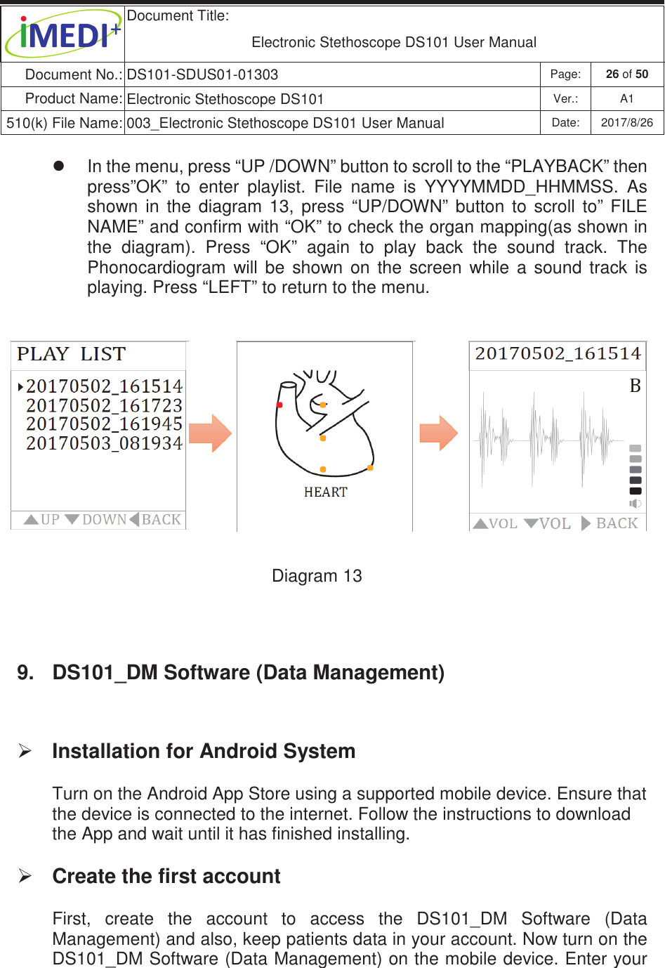  Document Title:  Electronic Stethoscope DS101 User Manual Document No.: DS101-SDUS01-01303 Page: 26 of 50 Product Name: Electronic Stethoscope DS101 Ver.: A1 510(k) File Name: 003_Electronic Stethoscope DS101 User Manual  Date: 2017/8/26 ġġz  In the menu, press “UP /DOWN” button to scroll to the “PLAYBACK” then press”OK”  to  enter  playlist.  File  name  is  YYYYMMDD_HHMMSS.  As shown  in  the  diagram  13,  press  “UP/DOWN”  button  to  scroll  to”  FILE NAME” and confirm with “OK” to check the organ mapping(as shown in the  diagram).  Press  “OK”  again  to  play  back  the  sound  track.  The Phonocardiogram  will  be  shown  on  the  screen  while  a  sound  track  is playing. Press “LEFT” to return to the menu.  Diagram 13  9.  DS101_DM Software (Data Management) ¾ Installation for Android System Turn on the Android App Store using a supported mobile device. Ensure that the device is connected to the internet. Follow the instructions to download the App and wait until it has finished installing. ¾ Create the first account First,  create  the  account  to  access  the  DS101_DM  Software  (Data Management) and also, keep patients data in your account. Now turn on the DS101_DM Software (Data Management) on the mobile device. Enter your   ġ