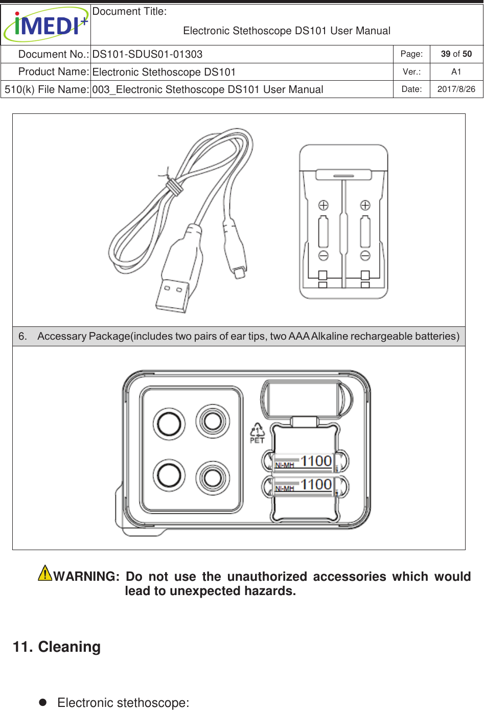  Document Title:  Electronic Stethoscope DS101 User Manual Document No.: DS101-SDUS01-01303 Page: 39 of 50 Product Name: Electronic Stethoscope DS101 Ver.: A1 510(k) File Name: 003_Electronic Stethoscope DS101 User Manual  Date: 2017/8/26 ġġġ6.  $FFHVVDU\3DFNDJHLQFOXGHVWZRSDLUVRIHDUWLSVWZR$$$$ONDOLQHUHFKDUJHDEOHEDWWHULHVġġWARNING:  Do  not  use  the  unauthorized  accessories  which  would lead to unexpected hazards.  11. Cleaning z  Electronic stethoscope:  