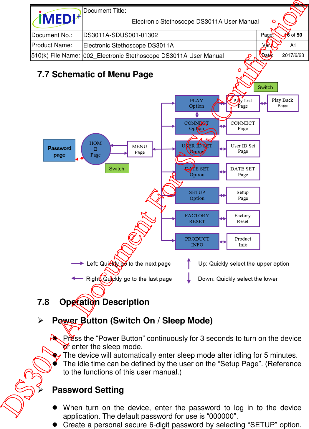  Document Title:  Electronic Stethoscope DS3011A User Manual Document No.: DS3011A-SDUS001-01302 Page: 16 of 50 Product Name: Electronic Stethoscope DS3011A Ver.: A1 510(k) File Name: 002_Electronic Stethoscope DS3011A User Manual  Date: 2017/6/23   7.7 Schematic of Menu Page  7.8  Operation Description  Power Button (Switch On / Sleep Mode)   Press the “Power Button” continuously for 3 seconds to turn on the device or enter the sleep mode.   The device will automatically enter sleep mode after idling for 5 minutes.  The idle time can be defined by the user on the “Setup Page”. (Reference to the functions of this user manual.)  Password Setting   When  turn  on  the  device,  enter  the  password  to  log  in  to  the  device application. The default password for use is “000000”.   Create a personal secure 6-digit password by selecting “SETUP” option. DS3011A Document For SGS Certification