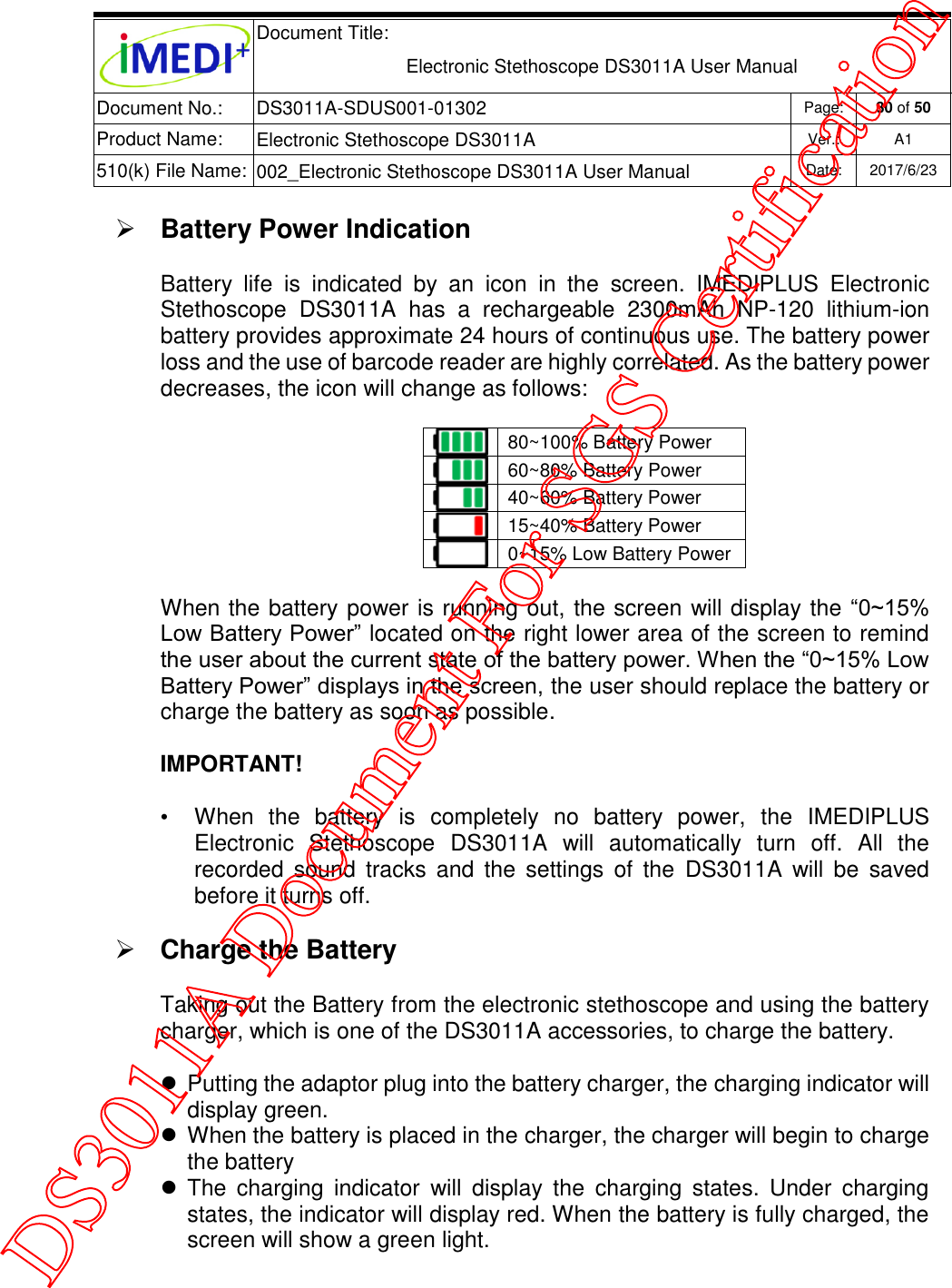  Document Title:  Electronic Stethoscope DS3011A User Manual Document No.: DS3011A-SDUS001-01302 Page: 30 of 50 Product Name: Electronic Stethoscope DS3011A Ver.: A1 510(k) File Name: 002_Electronic Stethoscope DS3011A User Manual  Date: 2017/6/23    Battery Power Indication Battery  life  is  indicated  by  an  icon  in  the  screen.  IMEDIPLUS  Electronic Stethoscope  DS3011A  has  a  rechargeable  2300mAh  NP-120  lithium-ion battery provides approximate 24 hours of continuous use. The battery power loss and the use of barcode reader are highly correlated. As the battery power decreases, the icon will change as follows:  80~100% Battery Power  60~80% Battery Power  40~60% Battery Power  15~40% Battery Power  0~15% Low Battery Power When the battery power is running out, the screen will display the “0~15% Low Battery Power” located on the right lower area of the screen to remind the user about the current state of the battery power. When the “0~15% Low Battery Power” displays in the screen, the user should replace the battery or charge the battery as soon as possible.  IMPORTANT! •  When  the  battery  is  completely  no  battery  power,  the  IMEDIPLUS Electronic  Stethoscope  DS3011A  will  automatically  turn  off.  All  the recorded  sound  tracks  and  the  settings  of  the  DS3011A  will be  saved before it turns off.  Charge the Battery Taking out the Battery from the electronic stethoscope and using the battery charger, which is one of the DS3011A accessories, to charge the battery.   Putting the adaptor plug into the battery charger, the charging indicator will display green.  When the battery is placed in the charger, the charger will begin to charge the battery   The  charging  indicator  will  display  the  charging  states.  Under  charging states, the indicator will display red. When the battery is fully charged, the screen will show a green light.  DS3011A Document For SGS Certification