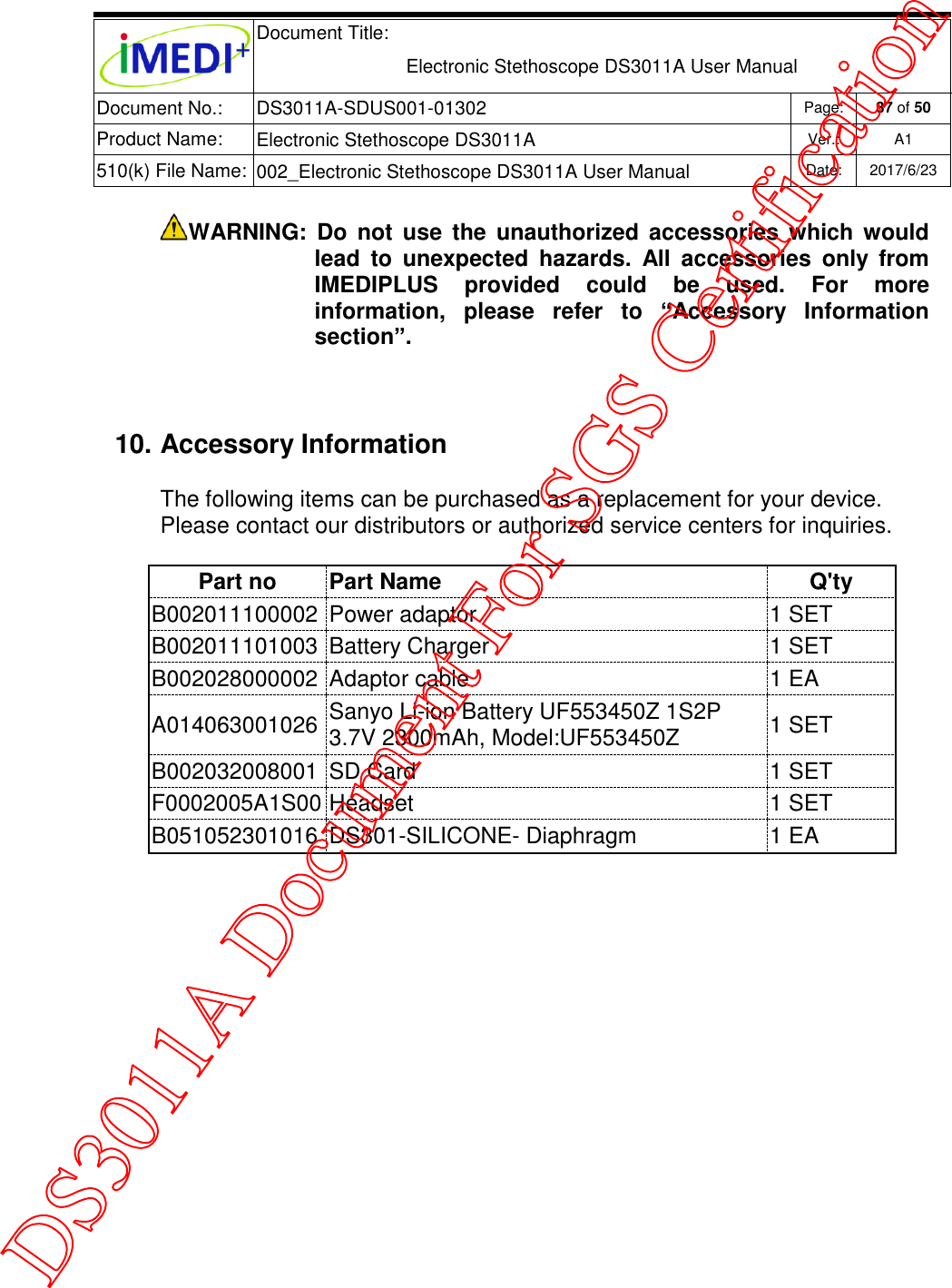  Document Title:  Electronic Stethoscope DS3011A User Manual Document No.: DS3011A-SDUS001-01302 Page: 37 of 50 Product Name: Electronic Stethoscope DS3011A Ver.: A1 510(k) File Name: 002_Electronic Stethoscope DS3011A User Manual  Date: 2017/6/23   WARNING:  Do  not  use  the  unauthorized  accessories  which  would lead  to  unexpected  hazards.  All  accessories  only  from IMEDIPLUS  provided  could  be  used.  For  more information,  please  refer  to  “Accessory  Information section”.  10. Accessory Information The following items can be purchased as a replacement for your device. Please contact our distributors or authorized service centers for inquiries. Part no  Part Name Q&apos;ty B002011100002 Power adaptor  1 SET B002011101003 Battery Charger 1 SET B002028000002 Adaptor cable 1 EA A014063001026 Sanyo Li-ion Battery UF553450Z 1S2P 3.7V 2300mAh, Model:UF553450Z 1 SET B002032008001 SD Card 1 SET F0002005A1S00 Headset  1 SET B051052301016 DS301-SILICONE- Diaphragm 1 EA    DS3011A Document For SGS Certification