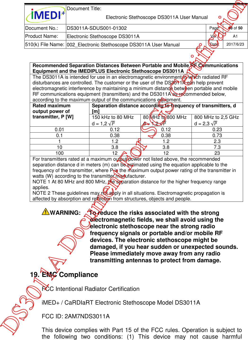  Document Title:  Electronic Stethoscope DS3011A User Manual Document No.: DS3011A-SDUS001-01302 Page: 48 of 50 Product Name: Electronic Stethoscope DS3011A Ver.: A1 510(k) File Name: 002_Electronic Stethoscope DS3011A User Manual  Date: 2017/6/23    Recommended Separation Distances Between Portable and Mobile RF Communications Equipment and the IMEDIPLUS Electronic Stethoscope DS3011A The DS3011A is intended for use in an electromagnetic environment in which radiated RF disturbances are controlled. The customer or the user of the DS3011A can help prevent electromagnetic interference by maintaining a minimum distance between portable and mobile RF communications equipment (transmitters) and the DS3011A as recommended below, according to the maximum output of the communications equipment. Rated maximum output power of transmitter, P [W] Separation distance according to frequency of transmitters, d [m] 150 kHz to 80 MHz d = 1,2 √𝑃 80 MHz to 800 MHz d = 1,2 √𝑃 800 MHz to 2,5 GHz d = 2,3 √𝑃 0.01 0.12 0.12 0.23 0.1 0.38 0.38 0.73 1 1.2 1.2 2.3 10 3.8 3.8 7.3 100 12 12 23 For transmitters rated at a maximum output power not listed above, the recommended separation distance d in meters (m) can be estimated using the equation applicable to the frequency of the transmitter, where P is the maximum output power rating of the transmitter in watts (W) according to the transmitter manufacturer. NOTE 1 At 80 MHz and 800 MHz, the separation distance for the higher frequency range applies. NOTE 2 These guidelines may not apply in all situations. Electromagnetic propagation is affected by absorption and reflection from structures, objects and people.  WARNING:     To reduce the risks associated with the strong electromagnetic fields, we shall avoid using the electronic stethoscope near the strong radio frequency signals or portable and/or mobile RF devices. The electronic stethoscope might be damaged, if you hear sudden or unexpected sounds. Please immediately move away from any radio transmitting antennas to protect from damage. 19. EMC Compliance FCC Intentional Radiator Certification iMED+ / CaRDIaRT Electronic Stethoscope Model DS3011A FCC ID: 2AM7NDS3011A  This device complies with Part 15 of the FCC rules. Operation is subject to the  following  two  conditions:  (1)  This  device  may  not  cause  harmful DS3011A Document For SGS Certification