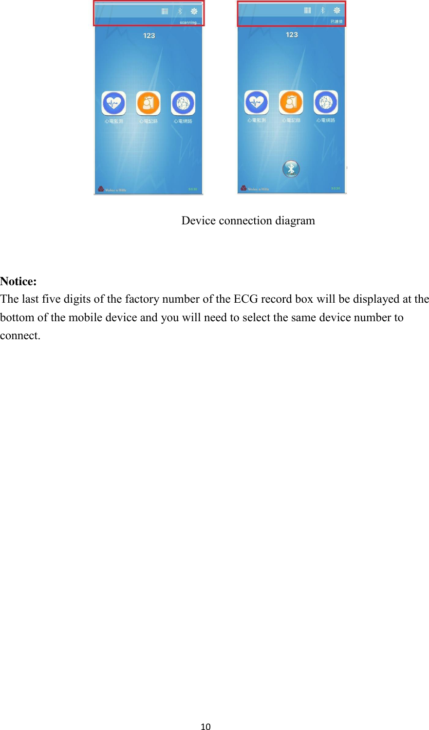 10    Device connection diagram    Notice: The last five digits of the factory number of the ECG record box will be displayed at the bottom of the mobile device and you will need to select the same device number to connect. 