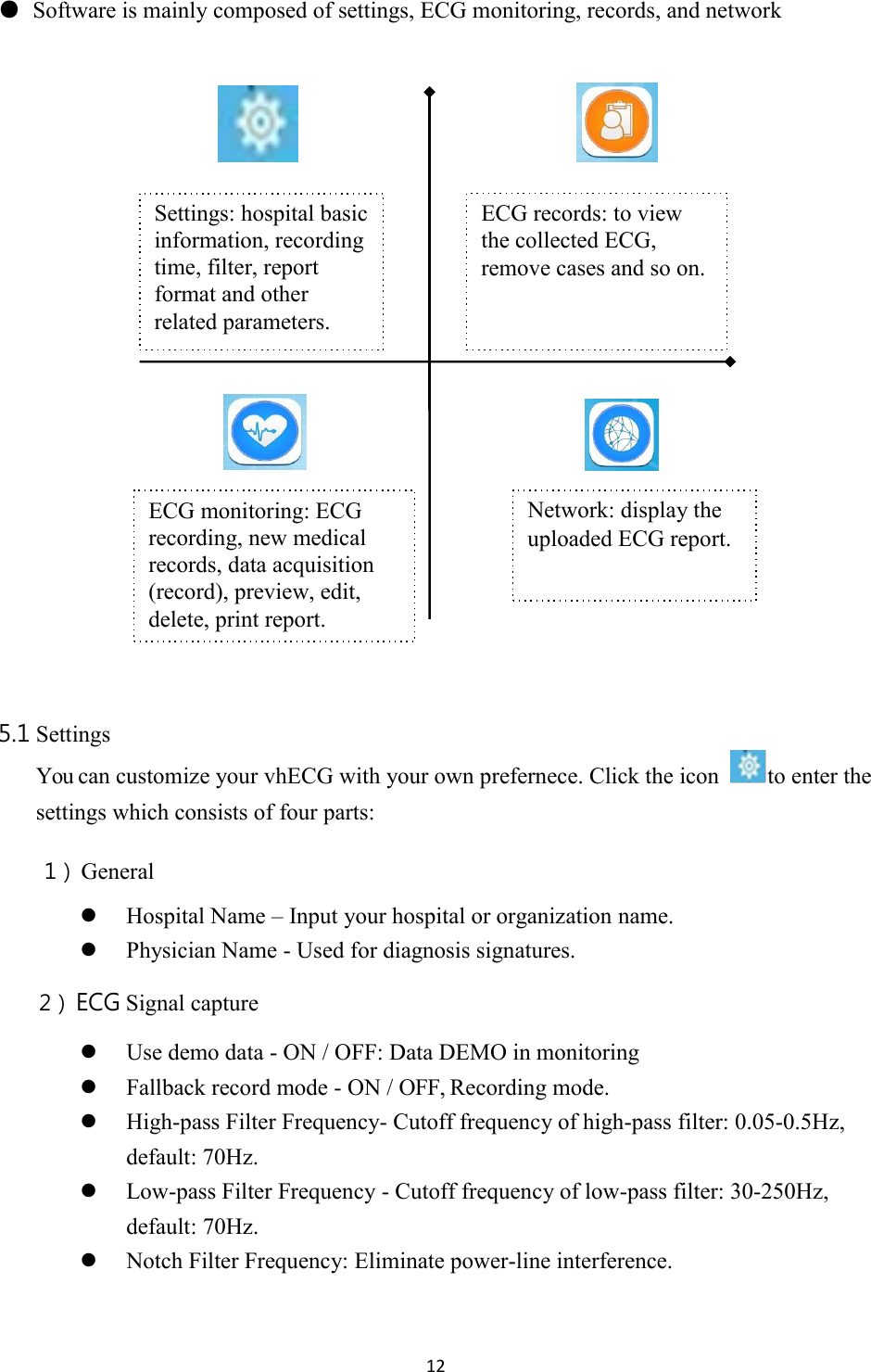 12  ● Software is mainly composed of settings, ECG monitoring, records, and network      5.1 Settings You can customize your vhECG with your own prefernece. Click the icon   to enter the settings which consists of four parts: 1） General  Hospital Name – Input your hospital or organization name.  Physician Name - Used for diagnosis signatures. 2） ECG Signal capture  Use demo data - ON / OFF: Data DEMO in monitoring  Fallback record mode - ON / OFF, Recording mode.  High-pass Filter Frequency- Cutoff frequency of high-pass filter: 0.05-0.5Hz, default: 70Hz.  Low-pass Filter Frequency - Cutoff frequency of low-pass filter: 30-250Hz, default: 70Hz.  Notch Filter Frequency: Eliminate power-line interference. Network: display the uploaded ECG report. ECG monitoring: ECG recording, new medical records, data acquisition (record), preview, edit, delete, print report. ECG records: to view the collected ECG, remove cases and so on. Settings: hospital basic information, recording time, filter, report format and other related parameters. 