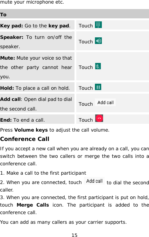 mute your microphone etc. To Key pad: Go to the key pad.  Touch   Speaker: To turn on/off the speaker. Touch   Mute: Mute your voice so that the other party cannot hear you. Touch   Hold: To place a call on hold. Touch   Add call: Open dial pad to dial the second call.  Touch   End: To end a call. Touch  Press Volume keys to adjust the call volume. Conference Call If you accept a new call when you are already on a call, you can switch between the two callers or merge the two calls into a conference call. 1. Make a call to the first participant 2. When you are connected, touch   to dial the second caller. 3. When you are connected, the first participant is put on hold, touch  Merge Calls  icon. The participant is added to the conference call. You can add as many callers as your carrier supports. 15 