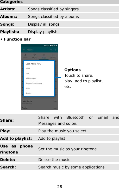 Categories  Artists: Songs classified by singers Albums: Songs classified by albums Songs: Display all songs Playlists: Display playlists • Function bar    Share: Share with Bluetooth or Email and Messages and so on. Play: Play the music you select Add to playlist: Add to playlist  Use as phone ringtone Set the music as your ringtone Delete: Delete the music Search: Search music by some applications  Options Touch to share, play ,add to playlist, etc. 28 