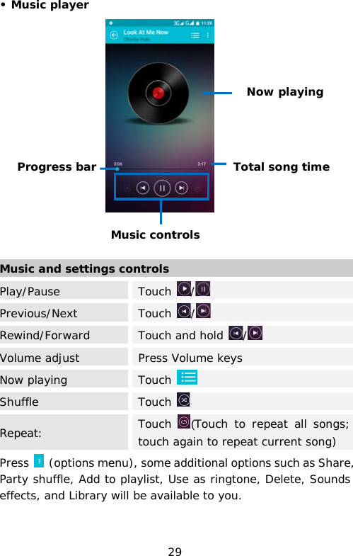 • Music player    Press  (options menu), some additional options such as Share,  Party shuffle, Add to playlist, Use as ringtone, Delete, Sounds effects, and Library will be available to you. Music and settings controls Play/Pause Touch  /  Previous/Next Touch  /  Rewind/Forward Touch and hold  /  Volume adjust Press Volume keys Now playing Touch   Shuffle Touch   Repeat:  Touch (Touch to repeat all songs; touch again to repeat current song) Music controls Now playing Total song time Progress bar 29 