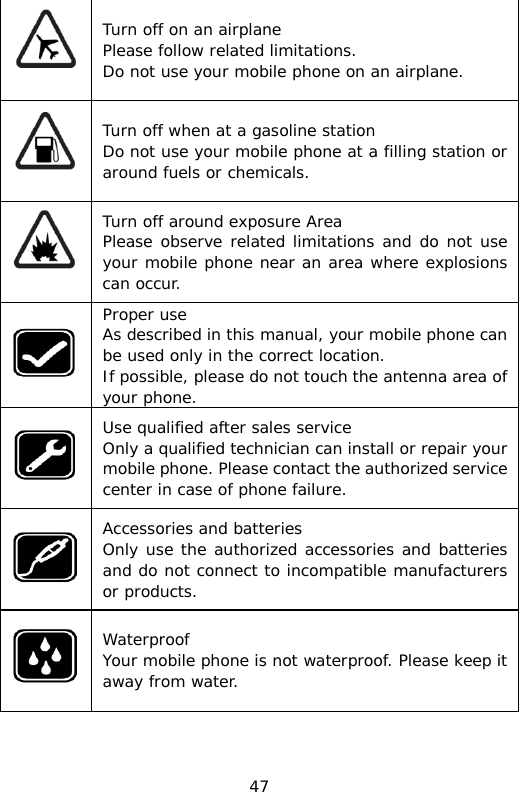  Turn off on an airplane Please follow related limitations. Do not use your mobile phone on an airplane.  Turn off when at a gasoline station Do not use your mobile phone at a filling station or around fuels or chemicals.  Turn off around exposure Area Please observe related limitations and do not use your mobile phone near an area where explosions can occur.  Proper use As described in this manual, your mobile phone can be used only in the correct location. If possible, please do not touch the antenna area of your phone.  Use qualified after sales service Only a qualified technician can install or repair your mobile phone. Please contact the authorized service center in case of phone failure.  Accessories and batteries Only use the authorized accessories and batteries and do not connect to incompatible manufacturers or products.  Waterproof Your mobile phone is not waterproof. Please keep it away from water. 47 