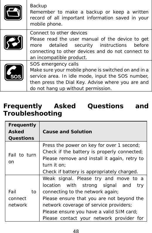  Backup Remember to make a backup or keep a written record of all important information saved in your mobile phone.  Connect to other devices Please read the user manual of the device to get more detailed security instructions before connecting to other devices and do not connect to an incompatible product.  SOS emergency calls Make sure your mobile phone is switched on and in a service area. In idle mode, input the SOS number, then press the Dial Key. Advise where you are and do not hang up without permission.  Frequently Asked Questions and Troubleshooting Frequently Asked Questions Cause and Solution Fail to turn on Press the power on key for over 1 second; Check if the battery is properly connected; Please remove and install it again, retry to turn it on; Check if battery is appropriately charged. Fail to connect network Weak signal. Please  try and move to a location with strong signal and try connecting to the network again; Please ensure that you are not beyond the network coverage of service providers; Please ensure you have a valid SIM card; Please contact your network provider for 48 