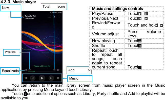 Now   Progress b    Total song   Add to  Equalizado   Music   4.3.3. Music player                You can return to the main library screen from music player screen in the Music applications by pressing Menu keyand touch Library. Touch, some additional options such as Library, Party shuffle and Add to playlist will be available to you. Music and settings controls Play/Pause Touch/ Previous/Next Touch/ Rewind/Forward Touch and hold/ Volume adjust Press Volume keys Now playing Touch Shuffle Touch Repeat:Touch to repeat all songs; touch again to repeat current song. Touch 