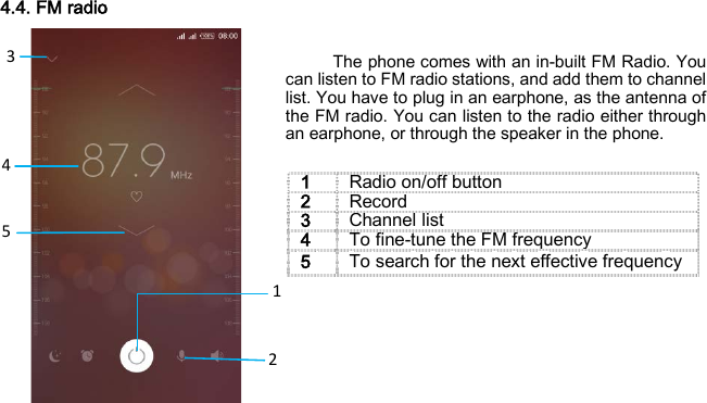    1 4 3 5 2  4.4. FM radio   The phone comes with an in-built FM Radio. You can listen to FM radio stations, and add them to channel list. You have to plug in an earphone, as the antenna of the FM radio. You can listen to the radio either through an earphone, or through the speaker in the phone.             1 Radio on/off button 2 Record 3 Channel list 4 To fine-tune the FM frequency 5 To search for the next effective frequency 