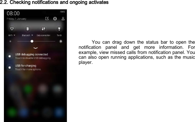 2.2. Checking notifications and ongoing activates        You can drag down the status bar to open the notification panel and get more information. For example, view missed calls from notification panel. You can also open running applications, such as the music player.     