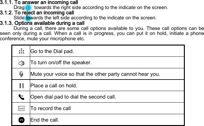 3.1.1. To answer an incoming call Drag        towards the right side according to the indicate on the screen. 3.1.2. To reject an incoming call Slide towards the left side according to the indicate on the screen. 3.1.3. Options available during a call During a call, there are some call options available to you. These call options can be seen only during a call. When a call is in progress, you can put it on hold, initiate a phone conference, mute your microphone etc.      Go to the Dial pad.  To turn on/off the speaker.  Mute your voice so that the other party cannot hear you.  Place a call on hold.  Open dial pad to dial the second call.  To record the call  End the call. 
