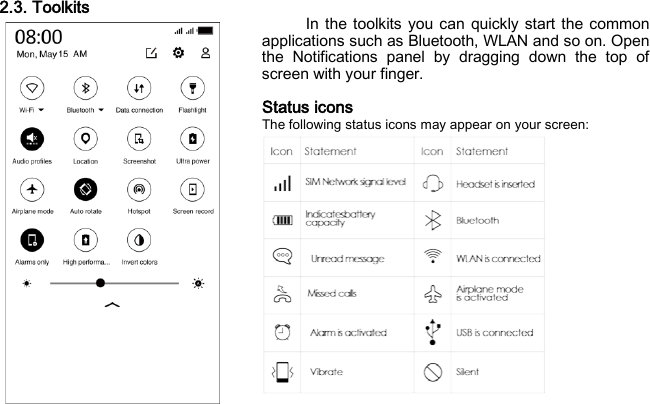 2.3. Toolkits In the toolkits you can quickly start the common applications such as Bluetooth, WLAN and so on. Open the Notifications panel by dragging down the top of screen with your finger.  Status icons The following status icons may appear on your screen: