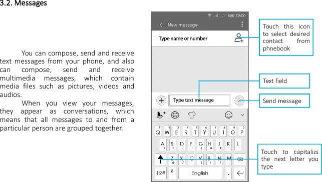 3.2. MessagesYou can compose, send and receivetext messages from your phone, and alsocan compose, send and receivemultimedia messages, which containmedia files such as pictures, videos andaudios.When you view your messages,they appear as conversations, whichmeans that all messages to and from aparticular person are grouped together.Touch this iconto select desiredcontact fromphnebookText fieldSend messageTouch to capitalizsthe next letter youtype