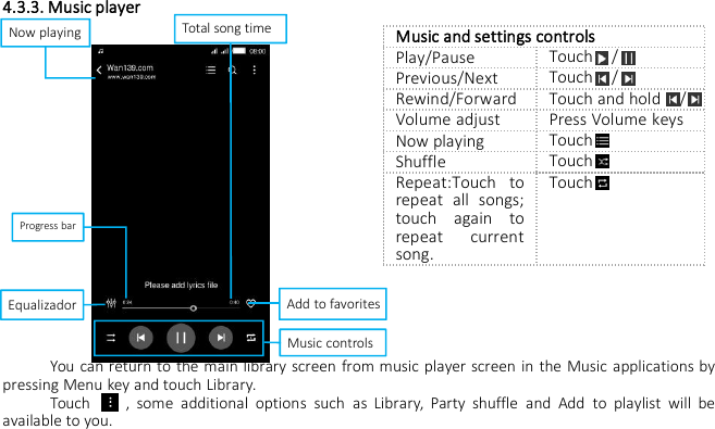 4.3.3. Music playerYou can return to the main library screen from music player screen in the Music applications bypressing Menu key and touch Library.Touch , some additional options such as Library, Party shuffle and Add to playlist will beavailable to you.Music and settings controlsPlay/PauseTouch /Previous/NextTouch /Rewind/ForwardTouch and hold /Volume adjustPress Volume keysNow playingTouchShuffleTouchRepeat:Touch torepeat all songs;touch again torepeat currentsong.TouchNow playingProgress barTotal song timeAdd to favoritesEqualizadorMusic controls