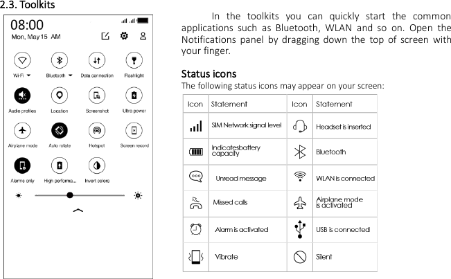 2.3. ToolkitsIn the toolkits you can quickly start the commonapplications such as Bluetooth, WLAN and so on. Open theNotifications panel by dragging down the top of screen withyour finger.Status iconsThe following status icons may appear on your screen: