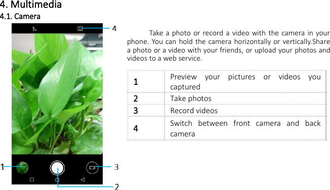 4. Multimedia4.1. CameraTake a photo or record a video with the camera in yourphone. You can hold the camera horizontally or vertically.Sharea photo or a video with your friends, or upload your photos andvideos to a web service.1Preview your pictures or videos youcaptured2Take photos3Record videos4Switch between front camera and backcamera