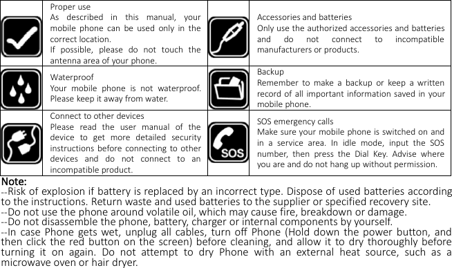 Proper useAs described in this manual, yourmobile phone can be used only in thecorrect location.If possible, please do not touch theantenna area of your phone.Accessories and batteriesOnly use the authorized accessories and batteriesand do not connect to incompatiblemanufacturers or products.WaterproofYour mobile phone is not waterproof.Please keep it away from water.BackupRemember to make a backup or keep a writtenrecord of all important information saved in yourmobile phone.Connect to other devicesPlease read the user manual of thedevice to get more detailed securityinstructions before connecting to otherdevices and do not connect to anincompatible product.SOS emergency callsMake sure your mobile phone is switched on andin a service area. In idle mode, input the SOSnumber, then press the Dial Key. Advise whereyou are and do not hang up without permission.Note:--Risk of explosion if battery is replaced by an incorrect type. Dispose of used batteries accordingto the instructions. Return waste and used batteries to the supplier or specified recovery site.--Do not use the phone around volatile oil, which may cause fire, breakdown or damage.--Do not disassemble the phone, battery, charger or internal components by yourself.--In case Phone gets wet, unplug all cables, turn off Phone (Hold down the power button, andthen click the red button on the screen) before cleaning, and allow it to dry thoroughly beforeturning it on again. Do not attempt to dry Phone with an external heat source, such as amicrowave oven or hair dryer.