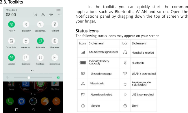 2.3. ToolkitsIn the toolkits you can quickly start the commonapplications such as Bluetooth, WLAN and so on. Open theNotifications panel by dragging down the top of screen withyour finger.Status iconsThe following status icons may appear on your screen: