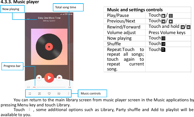 Music and settings controlsPlay/PauseTouch /Previous/NextTouch /Rewind/ForwardTouch and hold /Volume adjustPress Volume keysNow playingTouchShuffleTouchRepeat:Touch torepeat all songs;touch again torepeat currentsong.Touch4.3.3. Music playerNow playingProgress barTotal song timeMusiccontrolsYou can return to the main library screen from music player screen in the Music applications bypressing Menu key and touch Library.Touch , some additional options such as Library, Party shuffle and Add to playlist will beavailable to you.