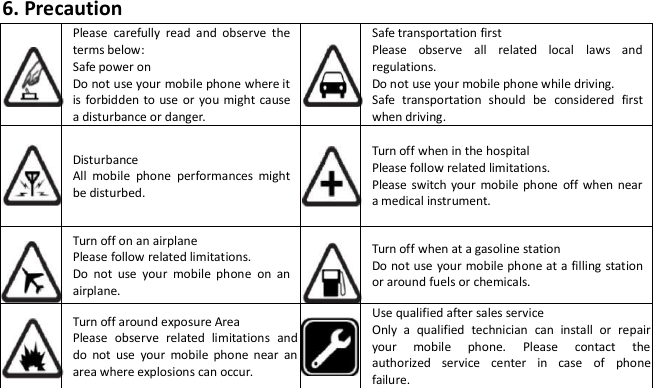 6. PrecautionPlease carefully read and observe theterms below:Safe power onDo not use your mobile phone where itis forbidden to use or you might causea disturbance or danger.Safe transportation firstPlease observe all related local laws andregulations.Do not use your mobile phone while driving.Safe transportation should be considered firstwhen driving.DisturbanceAll mobile phone performances mightbe disturbed.Turn off when in the hospitalPlease follow related limitations.Please switch your mobile phone off when neara medical instrument.Turn off on an airplanePlease follow related limitations.Do not use your mobile phone on anairplane.Turn off when at a gasoline stationDo not use your mobile phone at a filling stationor around fuels or chemicals.Turn off around exposure AreaPlease observe related limitations anddo not use your mobile phone near anarea where explosions can occur.Use qualified after sales serviceOnly a qualified technician can install or repairyour mobile phone. Please contact theauthorized service center in case of phonefailure.