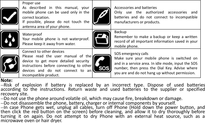 Proper useAs described in this manual, yourmobile phone can be used only in thecorrect location.If possible, please do not touch theantenna area of your phone.Accessories and batteriesOnly use the authorized accessories andbatteries and do not connect to incompatiblemanufacturers or products.WaterproofYour mobile phone is not waterproof.Please keep it away from water.BackupRemember to make a backup or keep a writtenrecord of all important information saved in yourmobile phone.Connect to other devicesPlease read the user manual of thedevice to get more detailed securityinstructions before connecting to otherdevices and do not connect to anincompatible product.SOS emergency callsMake sure your mobile phone is switched onand in a service area. In idle mode, input the SOSnumber, then press the Dial Key. Advise whereyou are and do not hang up without permission.Note:--Risk of explosion if battery is replaced by an incorrect type. Dispose of used batteriesaccording to the instructions. Return waste and used batteries to the supplier or specifiedrecovery site.--Do not use the phone around volatile oil, which may cause fire, breakdown or damage.--Do not disassemble the phone, battery, charger or internal components by yourself.--In case Phone gets wet, unplug all cables, turn off Phone (Hold down the power button, andthen click the red button on the screen) before cleaning, and allow it to dry thoroughly beforeturning it on again. Do not attempt to dry Phone with an external heat source, such as amicrowave oven or hair dryer.