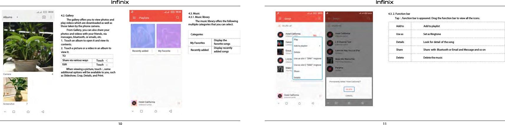 10 114.3. 2. Function barTap   , function bar is appeared. Drag the function bar to view all the icons.Add to  Add to playlist Use as  Set as RingtoneDetails  Look for detail of the songShare  Share with Bluetooth or Email and Message and so onDelete  Delete the music 2.view it.4.3. Music4.3.1. Music library            The music library offers the following multiple categories that you can select.CategoriesRecently added My FavoritesDisplay recently added songsDisplay the favorite songsTOShare via various ways  Edit TouchTouch4.2. Gallery          The gallery offers you to view photos and play videos which are downloaded as well as those taken by the phone camera.          From Gallery, you can also share your photos and videos with your friends, via messages, bluetooth, or emails, etc. 1. Touch an album to open it and view its contents.Touch a picture or a video in an album to          When viewing a picture, touch   , some additional options will be available to you, such as Slideshow, Crop, Details, and Print.