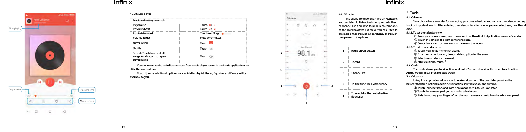 12 13Touch      /Touch      /Touch and Drag   The clock allows you to view time and date. You can also view the other four function: Alarm, World Time, Timer and Stop watch.5.3. CalculatorUsing this application allows you to make calculations. The calculator provides the basic arithmetic functions; addition, subtraction, multiplication, and division.① Touch Launcher icon, and from Application menu, touch Calculator.② Touch the number pad, you can make calculations. ③ Slide by moving your finger left on the touch screen can switch to the advanced panel.  4.4. FM radioThe phone comes with an in-built FM Radio. You can listen to FM radio stations, and add them to channel list. You have to plug in an earphone, as the antenna of the FM radio. You can listen to the radio either through an earphone, or through the speaker in the phone.RecordChannel list12345To search for the next effective frequencyYou can return to the main library screen from music player screen in the Music applications by slide the screen down.Touch   , some additional options such as Add to playlist, Use as, Equalizer and Delete will be available to you.4.3.3 Music playerPress Volume keysTouchTouchTouchPrevious/NextRewind/ForwardMusic and settings controlsPlay/PauseVolume adjustNow playing3Repeat: Touch to repeat all songs; touch again to repeat current song5. Tools5.1. CalendarYour phone has a calendar for managing your time schedule. You can use the calendar to keep track of important events. After entering the calendar function menu, you can select year, month and date.5.1.1. To set the calendar view①From your Home screen, touch launcher icon, then find it: Application menu &gt; Calendar.②Touch the date on the right corner of screen.③Select day, month or new event in the menu that opens. 5.1.2. To add a calendar event① Touch New in the menu that opens.② Enter the name, location, time, and description for the event.③ Select a reminder for the event. ④ After you finish, touch √.5.2. ClockRadio on/off buttonTo fine-tune the FM frequencyShuffle13425