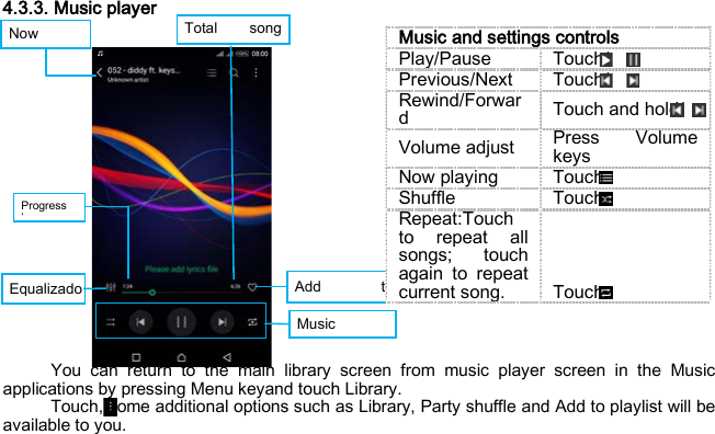 Now    Progress b    Total song   Add to  Equalizado   Music    4.3.3. Music player                You can return to the main library screen from music player screen in the Music applications by pressing Menu keyand touch Library. Touch, some additional options such as Library, Party shuffle and Add to playlist will be available to you. Music and settings controls Play/Pause Touch/ Previous/Next Touch/ Rewind/Forward Touch and hold/ Volume adjust Press Volume keys Now playing Touch Shuffle Touch Repeat:Touch to repeat all songs; touch again to repeat current song. Touch 