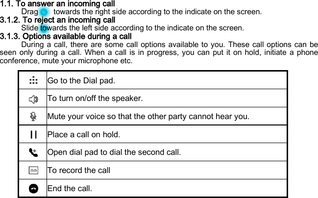 1.1. To answer an incoming call Drag        towards the right side according to the indicate on the screen. 3.1.2. To reject an incoming call Slide towards the left side according to the indicate on the screen. 3.1.3. Options available during a call During a call, there are some call options available to you. These call options can be seen only during a call. When a call is in progress, you can put it on hold, initiate a phone conference, mute your microphone etc.      Go to the Dial pad.  To turn on/off the speaker.  Mute your voice so that the other party cannot hear you.  Place a call on hold.  Open dial pad to dial the second call.  To record the call  End the call. 
