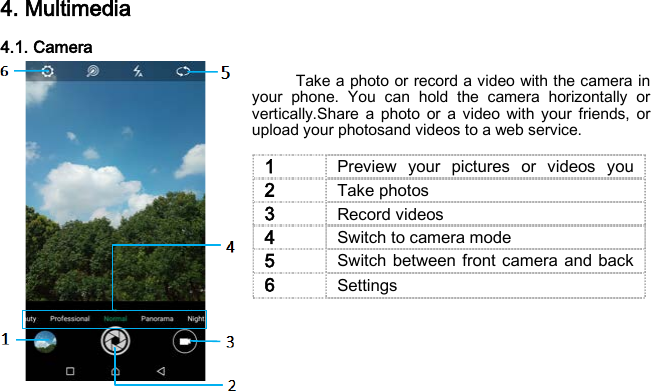 4. Multimedia 4.1. Camera  Take a photo or record a video with the camera in your phone. You can hold the camera horizontally or vertically.Share a photo or a video with your friends, or upload your photosand videos to a web service.        1 Preview your pictures or videos you  2 Take photos 3 Record videos 4 Switch to camera mode 5 Switch between front camera and back    6 Settings 