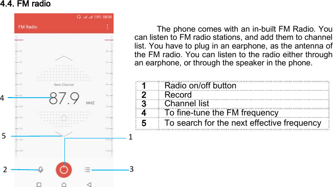    1 4 5 2  3  4.4. FM radio   The phone comes with an in-built FM Radio. You can listen to FM radio stations, and add them to channel list. You have to plug in an earphone, as the antenna of the FM radio. You can listen to the radio either through an earphone, or through the speaker in the phone.             1 Radio on/off button 2 Record 3 Channel list 4 To fine-tune the FM frequency 5 To search for the next effective frequency 
