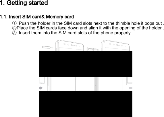 1. Getting started 1.1. Insert SIM card&amp; Memory card ① Push the holder in the SIM card slots next to the thimble hole it pops out . ②Place the SIM cards face down and align it with the opening of the holder . ③ Insert them into the SIM card slots of the phone properly.  