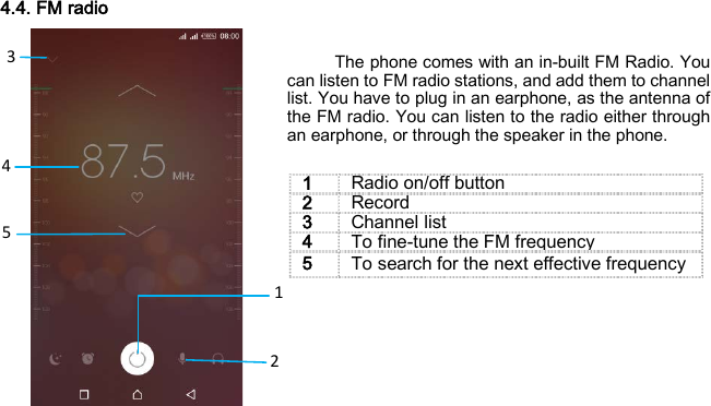    1 4 3 5 2 4.4. FM radio   The phone comes with an in-built FM Radio. You can listen to FM radio stations, and add them to channel list. You have to plug in an earphone, as the antenna of the FM radio. You can listen to the radio either through an earphone, or through the speaker in the phone.             1 Radio on/off button 2 Record 3 Channel list 4 To fine-tune the FM frequency 5 To search for the next effective frequency 