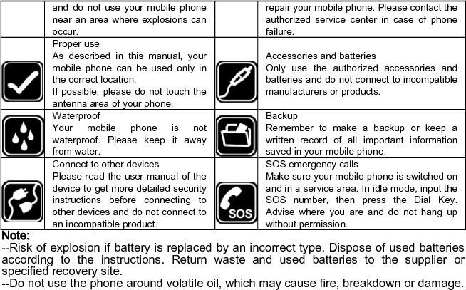 --Do not disassemble the phone, battery, charger or internal components by yourself. --If you will not use your mobile phone for a long time, please remove the battery. Leaving the battery inside the mobile phone for a long time may cause moisture that will damage the battery.    