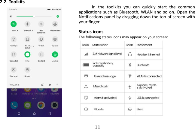  11 2.2. Toolkits In  the  toolkits  you  can  quickly  start  the  common applications such  as Bluetooth, WLAN and  so on. Open the Notifications panel by dragging down the top of screen with your finger.  Status icons The following status icons may appear on your screen: