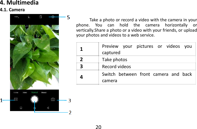  20 4. Multimedia 4.1. Camera  Take a photo or record a video with the camera in your phone.  You  can  hold  the  camera  horizontally  or vertically.Share a photo or a video with your friends, or upload your photos and videos to a web service.        1 Preview  your  pictures  or  videos  you captured 2 Take photos 3 Record videos 4 Switch  between  front  camera  and  back camera   