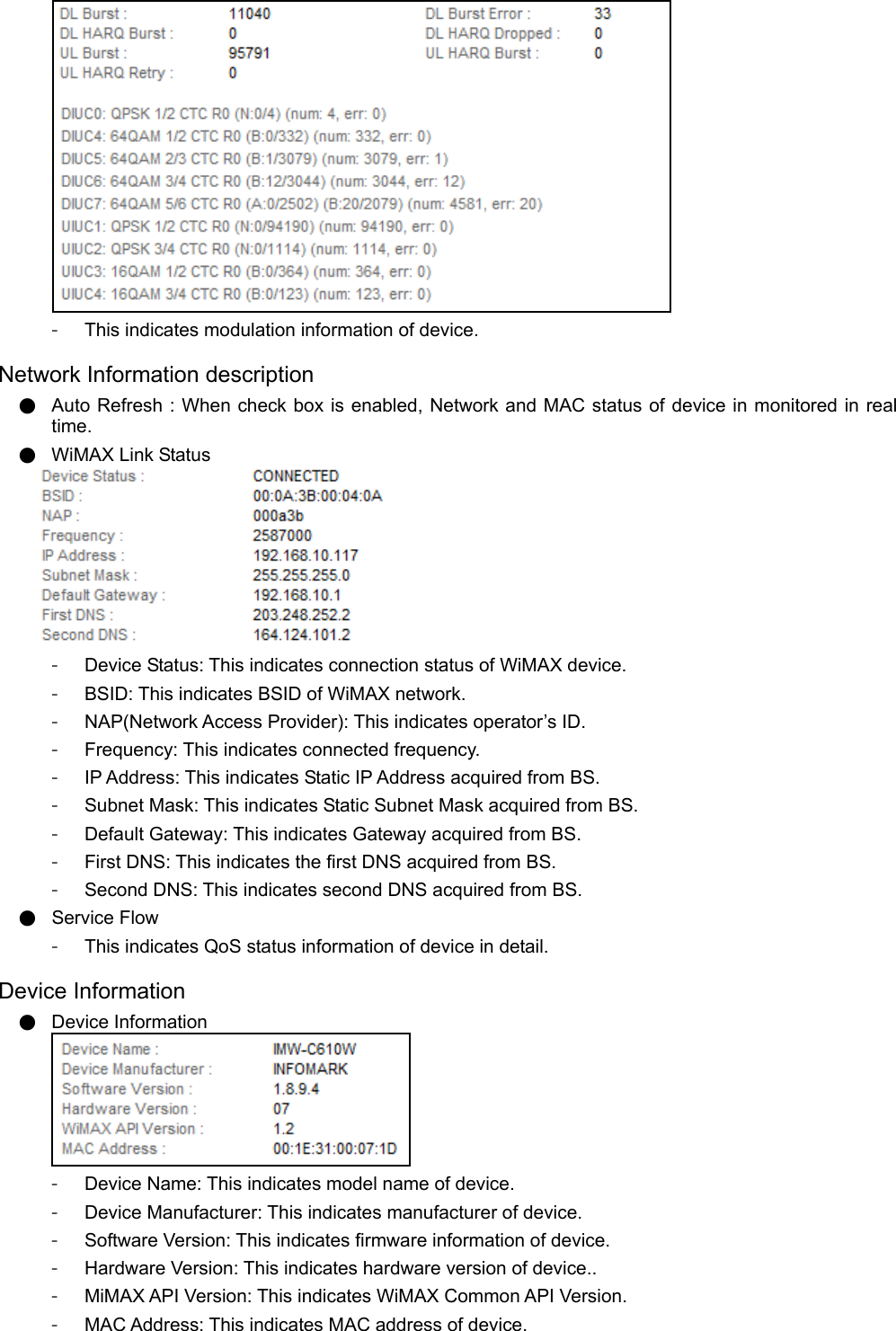  -  This indicates modulation information of device.  Network Information description ● Auto Refresh : When check box is enabled, Network and MAC status of device in monitored in real time. ● WiMAX Link Status  -  Device Status: This indicates connection status of WiMAX device. -  BSID: This indicates BSID of WiMAX network. -  NAP(Network Access Provider): This indicates operator’s ID. -  Frequency: This indicates connected frequency. - IP Address: This indicates Static IP Address acquired from BS. -  Subnet Mask: This indicates Static Subnet Mask acquired from BS. -  Default Gateway: This indicates Gateway acquired from BS. -  First DNS: This indicates the first DNS acquired from BS. -  Second DNS: This indicates second DNS acquired from BS. ● Service Flow -  This indicates QoS status information of device in detail.  Device Information ● Device Information  -  Device Name: This indicates model name of device. -  Device Manufacturer: This indicates manufacturer of device. -  Software Version: This indicates firmware information of device. -  Hardware Version: This indicates hardware version of device.. -  MiMAX API Version: This indicates WiMAX Common API Version. - MAC Address: This indicates MAC address of device.  