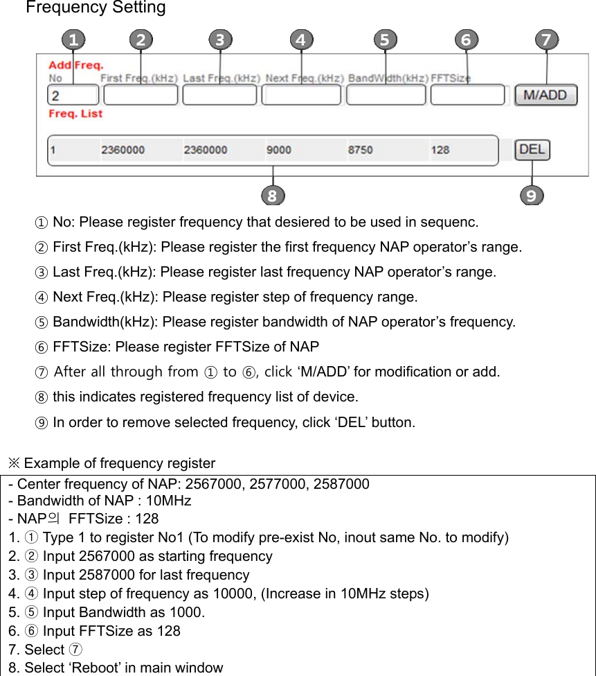 Frequency Setting  ① No: Please register frequency that desiered to be used in sequenc. ② First Freq.(kHz): Please register the first frequency NAP operator’s range. ③ Last Freq.(kHz): Please register last frequency NAP operator’s range. ④ Next Freq.(kHz): Please register step of frequency range. ⑤ Bandwidth(kHz): Please register bandwidth of NAP operator’s frequency. ⑥ FFTSize: Please register FFTSize of NAP ⑦ After all through from ① to ⑥, click ‘M/ADD’ for modification or add. ⑧ this indicates registered frequency list of device. ⑨ In order to remove selected frequency, click ‘DEL’ button.  ※ Example of frequency register - Center frequency of NAP: 2567000, 2577000, 2587000 - Bandwidth of NAP : 10MHz - NAP의  FFTSize : 128 1. ① Type 1 to register No1 (To modify pre-exist No, inout same No. to modify) 2. ② Input 2567000 as starting frequency 3. ③ Input 2587000 for last frequency 4. ④ Input step of frequency as 10000, (Increase in 10MHz steps) 5. ⑤ Input Bandwidth as 1000. 6. ⑥ Input FFTSize as 128 7. Select ⑦ 8. Select ‘Reboot’ in main window  