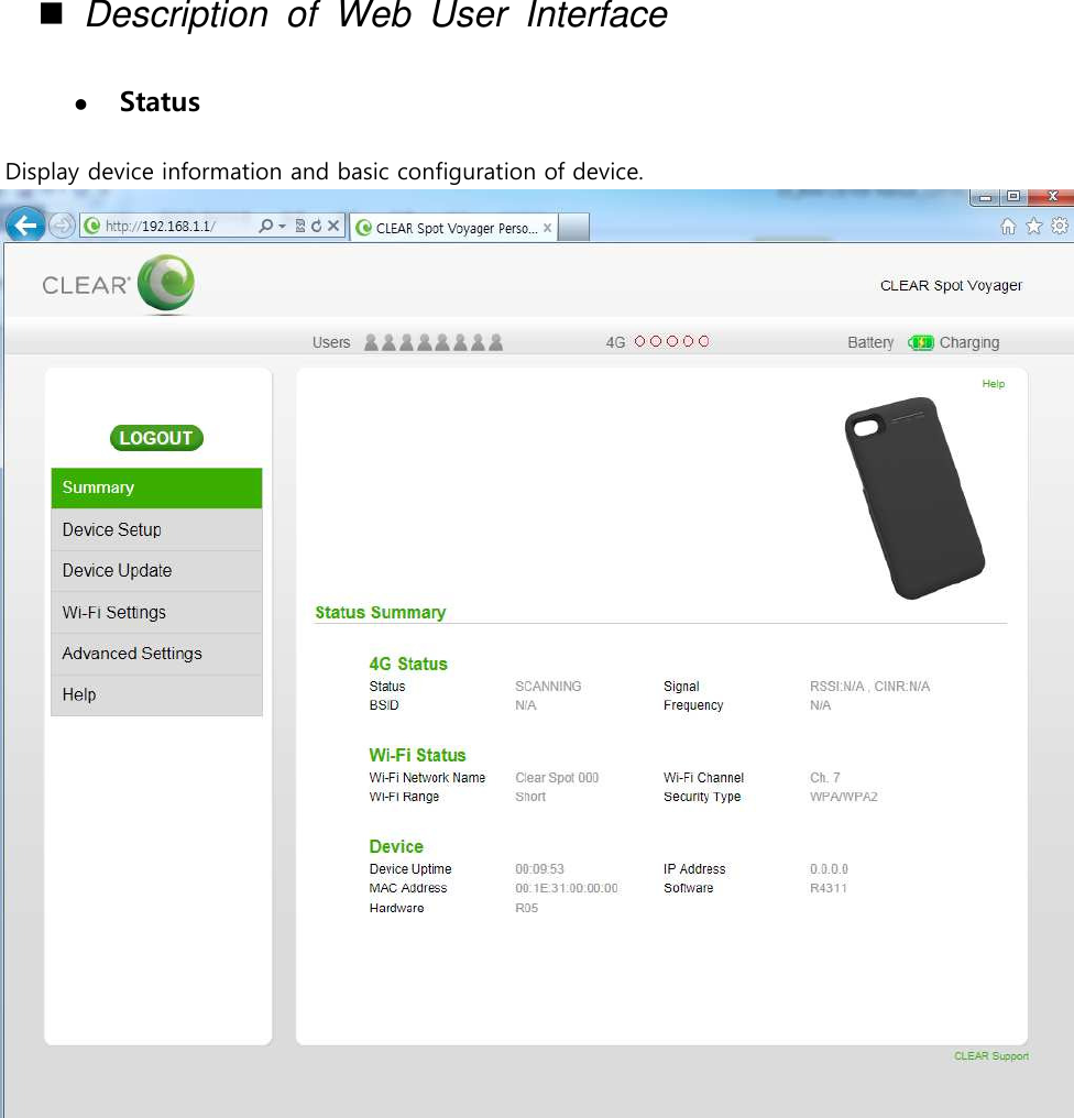  Description  of  Web  User  Interface   Status  Display device information and basic configuration of device.                    