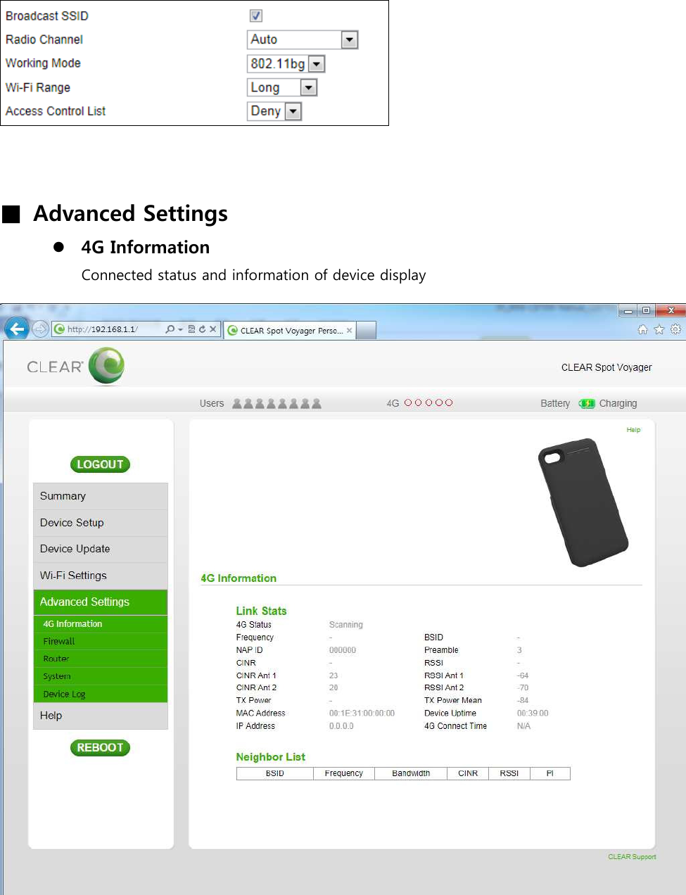      ■  Advanced Settings  4G Information Connected status and information of device display         