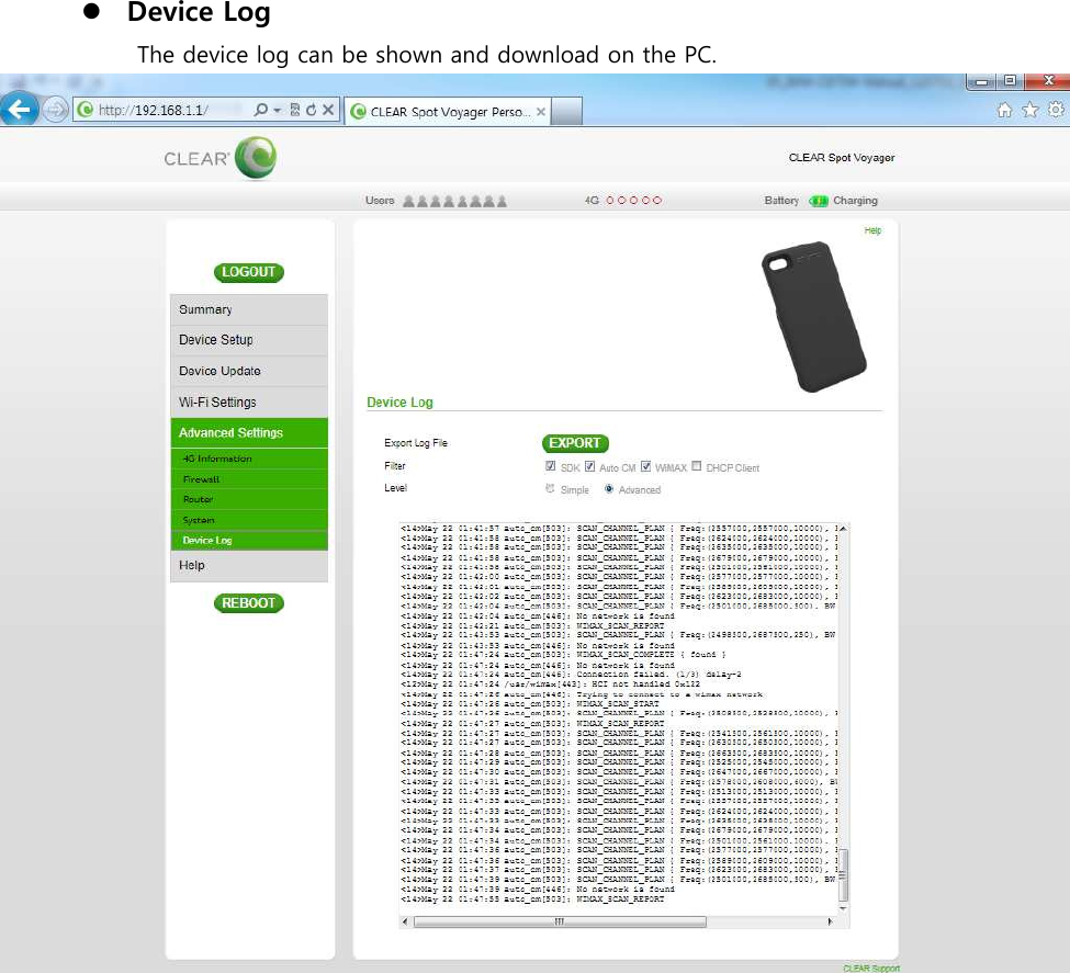  Device Log The device log can be shown and download on the PC.               