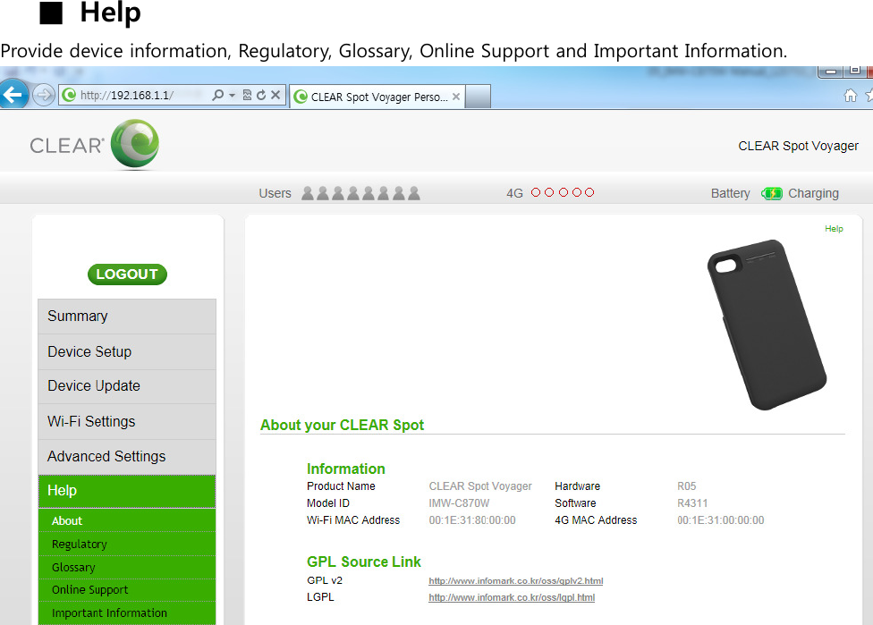 ■  Help Provide device information, Regulatory, Glossary, Online Support and Important Information.         