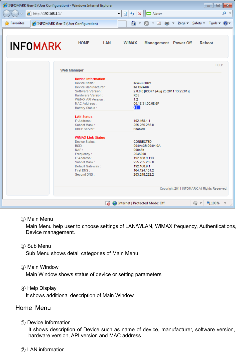    ① Main Menu Main Menu help user to choose settings of LAN/WLAN, WiMAX frequency, Authentications, Device management.   ② Sub Menu Sub Menu shows detail categories of Main Menu   ③ Main Window Main Window shows status of device or setting parameters   ④ Help Display It shows additional description of Main Window  Home Menu  ① Device Information       It shows description of Device such as name of device, manufacturer, software version, hardware version, API version and MAC address  ② LAN information 