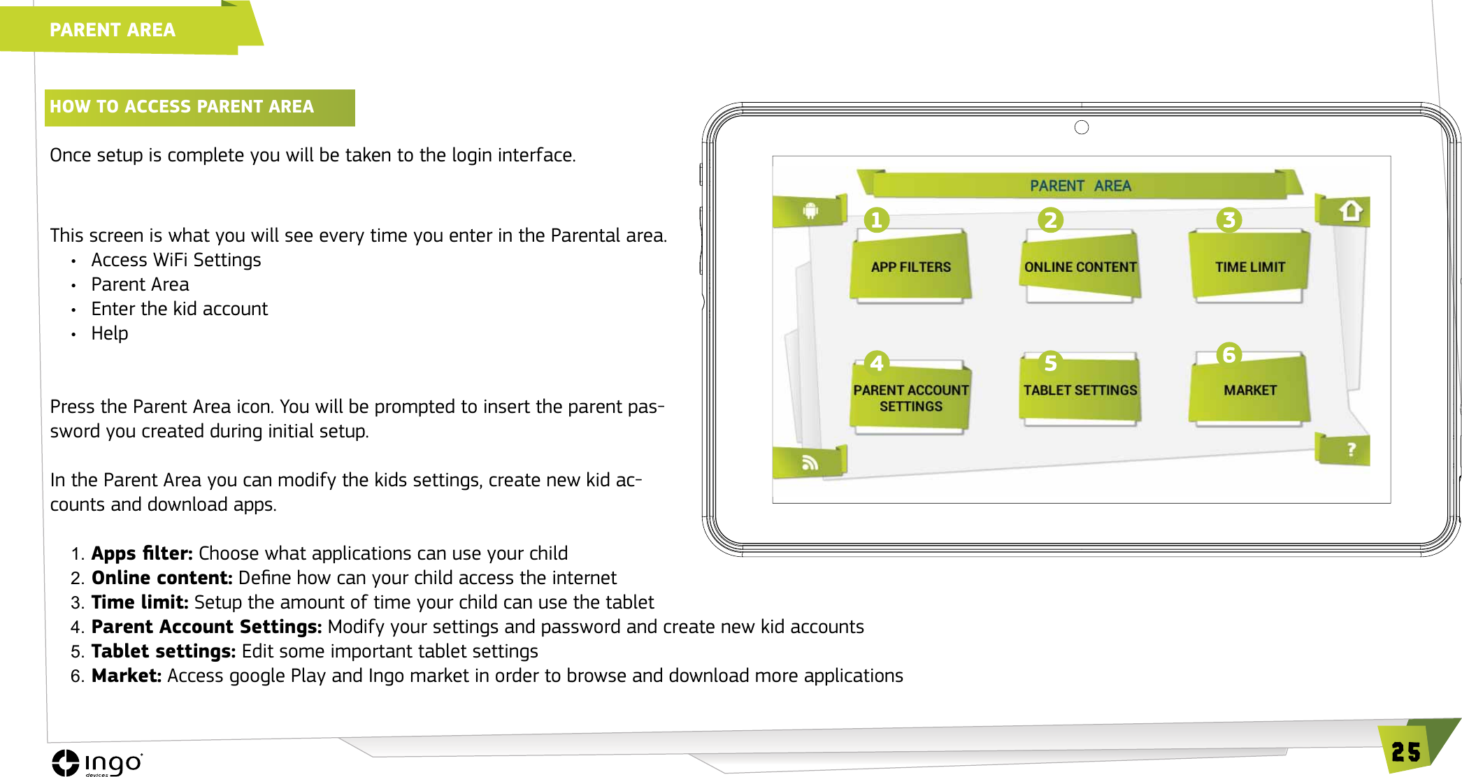 25This screen is what you will see every time you enter in the Parental area.&bull;  Access WiFi Settings&bull;   Parent  Area&bull;  Enter the kid account&bull;   Help Press the Parent Area icon. You will be prompted to insert the parent pas-sword you created during initial setup.In the Parent Area you can modify the kids settings, create new kid ac-counts and download apps. 1.  Apps lter: Choose what applications can use your child2. Online content: Dene how can your child access the internet3. Time limit: Setup the amount of time your child can use the tablet4. Parent Account Settings: Modify your settings and password and create new kid accounts5. Tablet settings: Edit some important tablet settings6.  Market: Access google Play and Ingo market in order to browse and download more applicationshOw TO ACCESS PARENT AREA Once setup is complete you will be taken to the login interface.  PARENT AREA