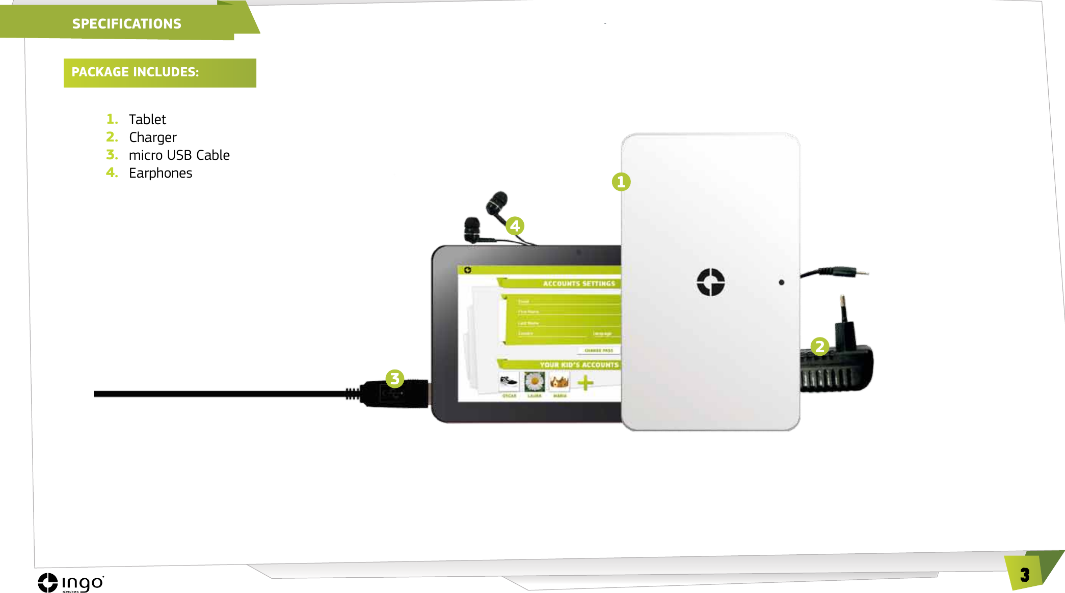 3SPECIFICATIONSTabletChargermicro USB CableEarphones1.2.3.4.PACKAGE INCLUDES: