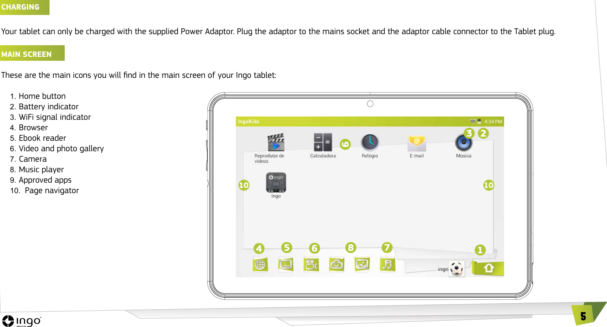 5ChARGINGYour tablet can only be charged with the supplied Power Adaptor. Plug the adaptor to the mains socket and the adaptor cable connector to the Tablet plug.MAIN SCREEN These are the main icons you will nd in the main screen of your Ingo tablet:1. Home button2. Battery indicator3. WiFi signal indicator4. Browser5. Ebook reader6. Video and photo gallery7. Camera8. Music player9. Approved apps10.  Page navigator