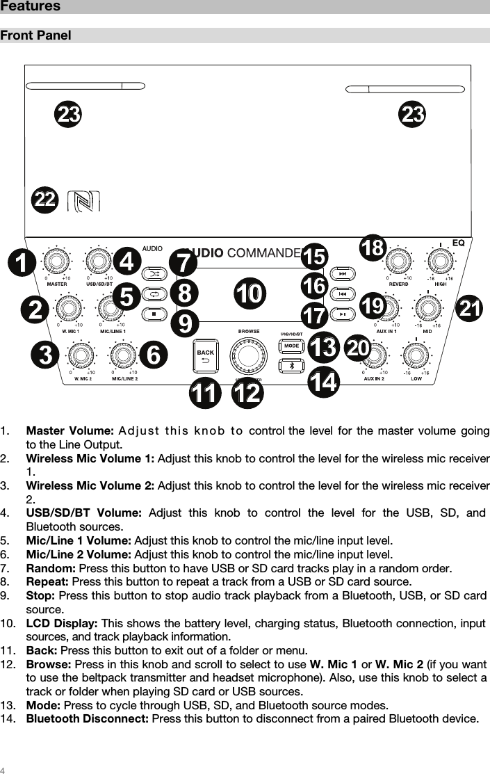   4   Features  Front Panel   1. Master Volume: Adju s t  this kn o b  to control the level for the master volume going to the Line Output. 2. Wireless Mic Volume 1: Adjust this knob to control the level for the wireless mic receiver 1. 3. Wireless Mic Volume 2: Adjust this knob to control the level for the wireless mic receiver 2. 4. USB/SD/BT Volume: Adjust this knob to control the level for the USB, SD, and Bluetooth sources. 5. Mic/Line 1 Volume: Adjust this knob to control the mic/line input level. 6. Mic/Line 2 Volume: Adjust this knob to control the mic/line input level. 7. Random: Press this button to have USB or SD card tracks play in a random order.  8. Repeat: Press this button to repeat a track from a USB or SD card source.  9. Stop: Press this button to stop audio track playback from a Bluetooth, USB, or SD card source. 10. LCD Display: This shows the battery level, charging status, Bluetooth connection, input sources, and track playback information. 11. Back: Press this button to exit out of a folder or menu. 12. Browse: Press in this knob and scroll to select to use W. Mic 1 or W. Mic 2 (if you want to use the beltpack transmitter and headset microphone). Also, use this knob to select a track or folder when playing SD card or USB sources.    13. Mode: Press to cycle through USB, SD, and Bluetooth source modes.  14. Bluetooth Disconnect: Press this button to disconnect from a paired Bluetooth device.    AUDIO123456789101011111212131314141515161617171818191920202121123456789110222223232323