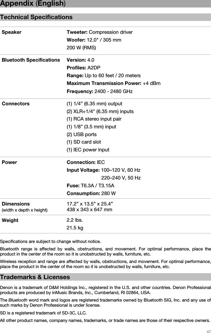   47   Appendix (English)  Technical Specifications  Speaker Tweeter: Compression driver Woofer: 12.0&quot; / 305 mm  200 W (RMS) Bluetooth Specifications Version: 4.0 Profiles: A2DP Range: Up to 60 feet / 20 meters Maximum Transmission Power: +4 dBm  Frequency: 2400 - 2480 GHz Connectors  (1) 1/4” (6.35 mm) output (2) XLR+1/4&quot; (6.35 mm) inputs (1) RCA stereo input pair (1) 1/8” (3.5 mm) input (2) USB ports  (1) SD card slot (1) IEC power input  Power Connection: IEC Input Voltage: 100–120 V, 60 Hz                          220–240 V, 50 Hz  Fuse: T6.3A / T3.15A  Consumption: 280 W Dimensions (width x depth x height) 17.2” x 13.5” x 25.4”  438 x 343 x 647 mm Weight  2.2 lbs. 21.5 kg  Specifications are subject to change without notice. Bluetooth range is affected by walls, obstructions, and movement. For optimal performance, place the product in the center of the room so it is unobstructed by walls, furniture, etc. Wireless reception and range are affected by walls, obstructions, and movement. For optimal performance, place the product in the center of the room so it is unobstructed by walls, furniture, etc.  Trademarks &amp; Licenses  Denon is a trademark of D&amp;M Holdings Inc., registered in the U.S. and other countries. Denon Professional products are produced by inMusic Brands, Inc., Cumberland, RI 02864, USA. The Bluetooth word mark and logos are registered trademarks owned by Bluetooth SIG, Inc. and any use of such marks by Denon Professional is under license. SD is a registered trademark of SD-3C, LLC.  All other product names, company names, trademarks, or trade names are those of their respective owners. 